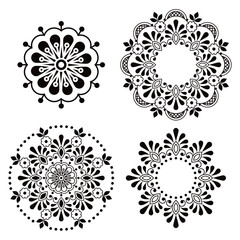 Scandinavian floral mandala vector design collection, retro outline decorationswith flowers inspired by lace and embroidery patterns in black and white