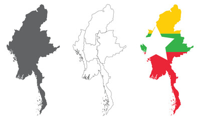 Myanmar map set with grey and flag inside on transparent background 