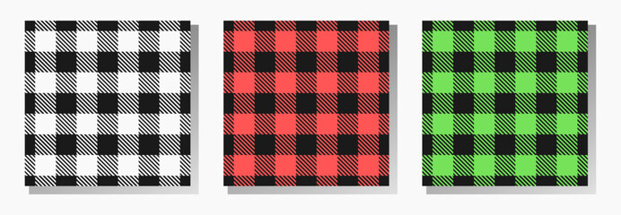 Gingham seamless patterns. Lumberjack plaid vector collection in white, red and green colors on black background. Best for textile, wrapping paper, package and home decoration.