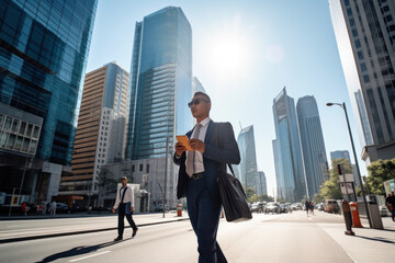 Businessman walking in the city with his mobile phone in his hand, Generative AI