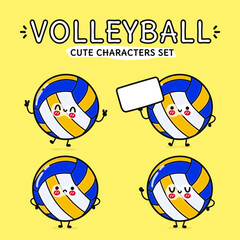 Funny cute happy volleyball characters bundle set. Vector hand drawn doodle style cartoon character illustration icon design. Isolated on blue background. Volleyball ball mascot character collection