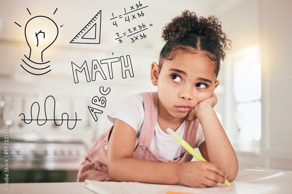 Poster Math homework, education or child thinking of mathematics solution, problem or remote home school. Learning difficulty, ADHD and bored kid contemplating equation numbers for youth development project