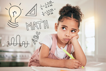 Math homework, education or child thinking of mathematics solution, problem or remote home school....