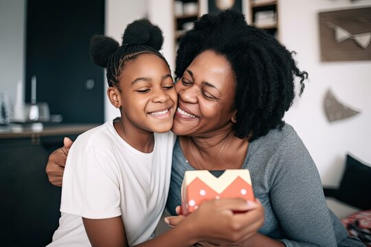 African-American mom & daughter celebrating Mother's Day at home; daughter surprises mom with heartfelt gift. Photo generative AI