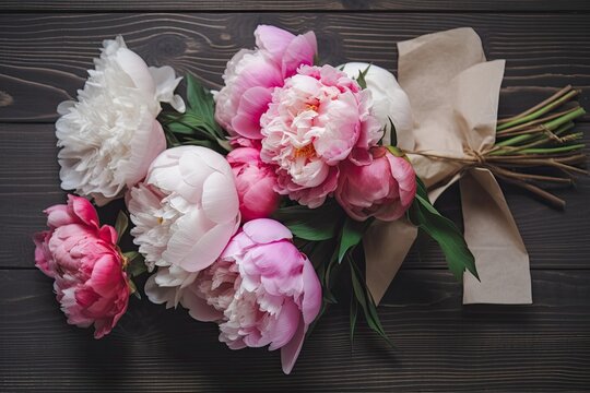 Stylish peony bouquet on dark wood, top view. Happy Mothers Day!. Photo generative AI