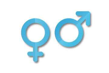 Light blue paper cut male and female symbols isolated on transparent background.