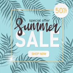 Trendy summer sale banner with tropical leaves. Season promotion. Vector illustration