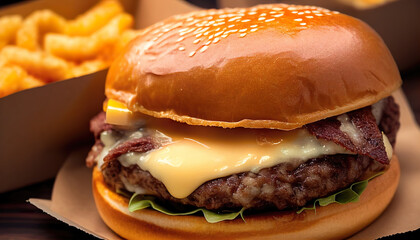 Tasty grilled burger with with beef, cheese, vegetables. Delicious grilled Cheeseburger on a dark background. AI Generated.