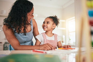 Education, home school and mother and child happy in a kitchen for homework, writing and studying together. Remote, learning and girl with mom smile, bond and excited for fun educational activity