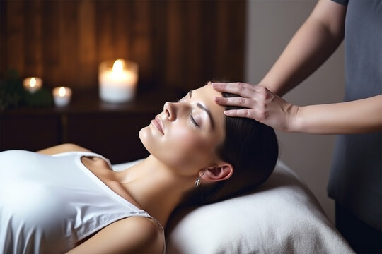  Hands of cosmetologist making manual relaxing rejuvenating facial massage for young woman in beauty salon. Rejuvenating facial massage in cosmetology. Generative AI