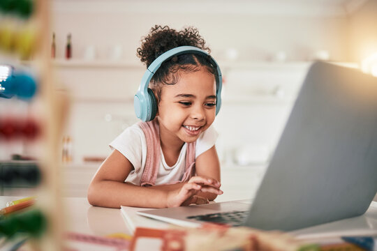 Laptop, home education and happy child elearning, kindergarten homework or remote school work. Knowledge website, learning software and young kid streaming youth development lesson on headphones