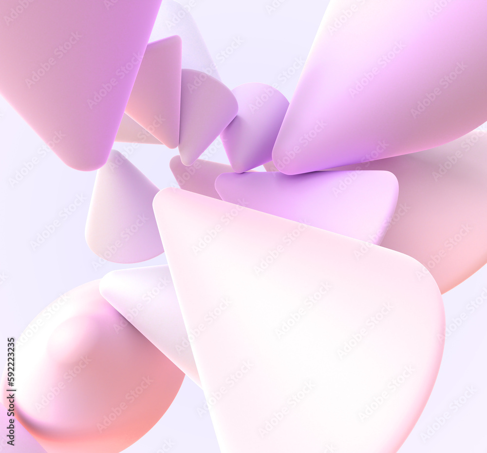 Poster 3d background with geometry cones in pastel colors. flying holographic shapes with gradient texture 
