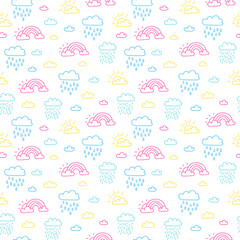 Seamless pattern with clouds and rainbows in pastel colors on a white background in doodle style.