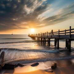 beautiful sunset on the beach with a wooden bridge, generative AI