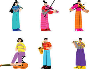 Set of people in Korean traditional clothes. Vector illustration isolated on white background.