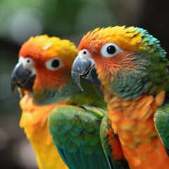 portrait of two parrots, orange and green parrots, beautiful close-up animal photography, generative AI
