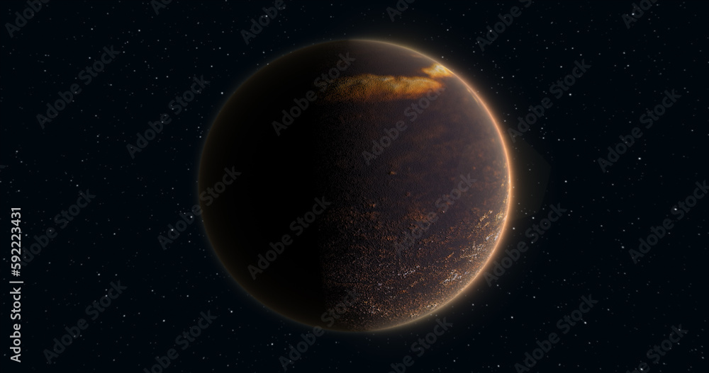 Poster abstract planet red rusty realistic futuristic round sphere against the background of stars in space