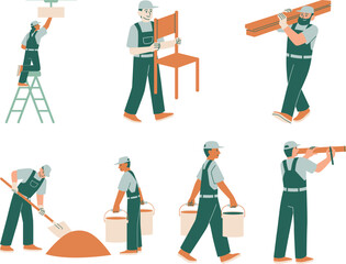 Fototapeta na wymiar Set of builders working with construction tools. Vector illustration in flat style