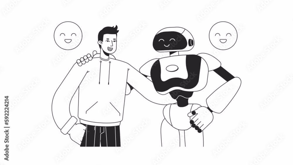 Poster human hugging ai bw animation. animated half body man with robot 2d flat monochromatic thin line cha