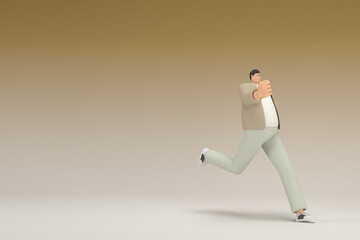 A man with glasses wearing brown cloth is running.  3d rendering of cartoon character in acting.