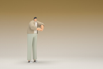 A man with glasses wearing brown cloth. He is expression of hand when talking. 3d rendering of cartoon character in acting.