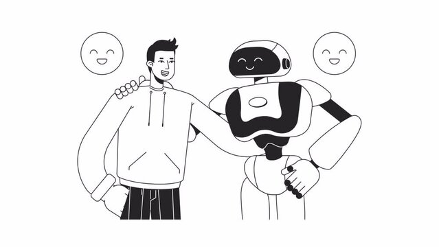 Human hugging AI bw animation. Animated half body man with robot 2D flat monochromatic thin line characters. Positive impact 4K video concept footage with alpha channel transparency for web design