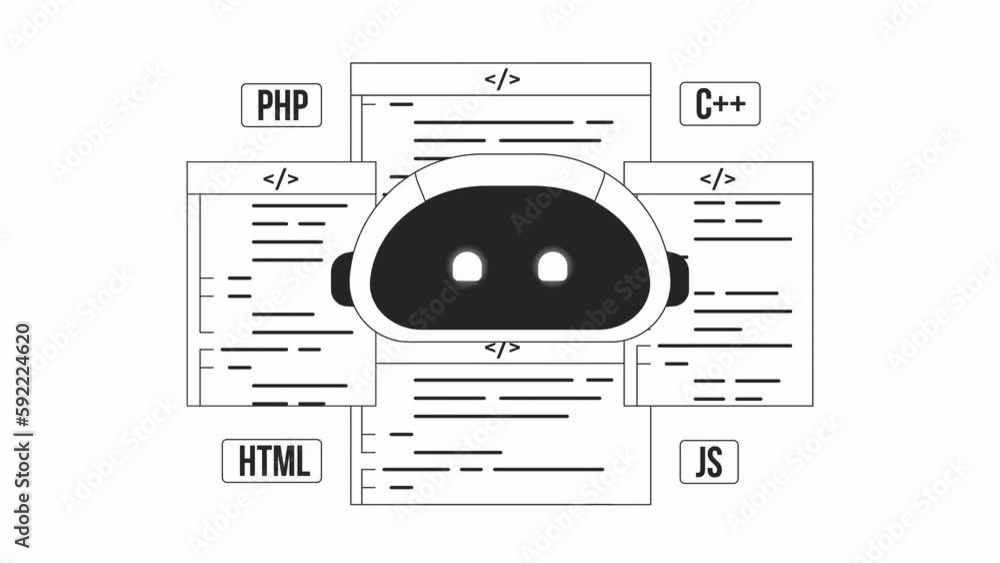 Poster ai-assisted programming bw animation. animated bot with scripts 2d flat monochromatic thin line char