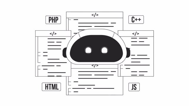 AI-assisted programming bw animation. Animated bot with scripts 2D flat monochromatic thin line character. Code generator 4K video concept footage with alpha channel transparency for web design