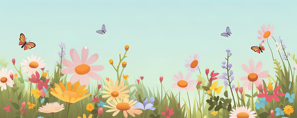 Frühlings Blumenwiese Hintergrund Banner Illustration mit Schmetterlinge (Generative AI)