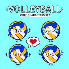 Funny cute happy volleyball characters bundle set. Vector hand drawn doodle style cartoon character illustration icon design. Isolated on blue background. Volleyball ball mascot character collection