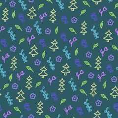 Seamless pattern with plants and flowers on a green background in doodle style.