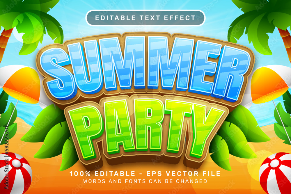 Poster summer party 3d text effect and editable text effect with a beach background
