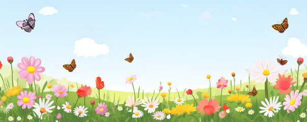 Frühlings Blumenwiese Hintergrund Banner Illustration mit Schmetterlinge (Generative AI)