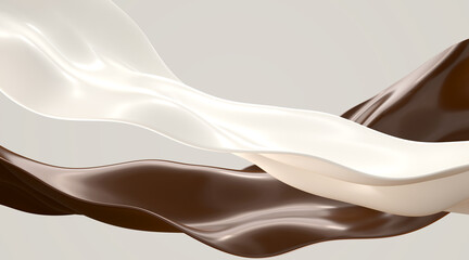 Chocolate and milk splashes, liquid cocoa and cream flow, coffee, yogurt or dairy drink product, flying white and brown ribbons or waves in motion on abstract background, pattern. 3D illustration