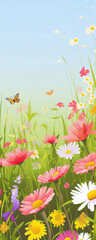 Frühlings Blumenwiese Hintergrund Banner Illustration mit Schmetterlinge (Generative AI)