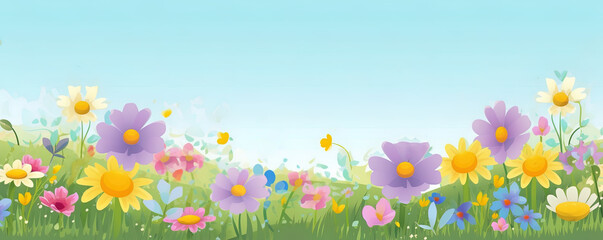 Fototapeta na wymiar Frühlings Blumenwiese Hintergrund Banner Illustration mit Textfreiraum (Generative AI)