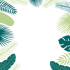Fototapeta na wymiar Tropical palm tree leaves, fronds square frame, border. Cartoon style flat design, vector. Summer print, seasonal element, holidays, vacations, beach, jungle flora, exotic foliage
