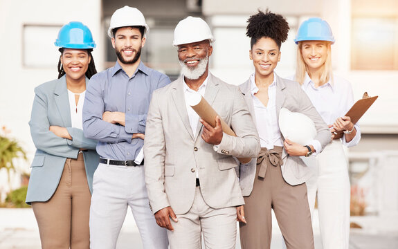 Architecture Team, Engineer And Portrait Of People For Building, Construction Site And Planning. Civil Engineering, Property Development And Men And Women For Inspection, Maintenance And Project