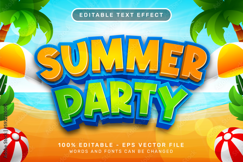Poster summer party 3d text effect and editable text effect with a beach background