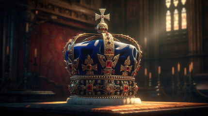  Crown on table, king's coronation ceremony concept created with generative AI technology - obrazy, fototapety, plakaty
