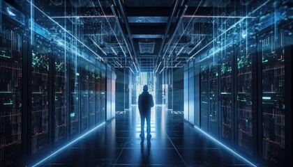 Cybersecurity specialist standing in the middle of a server room
