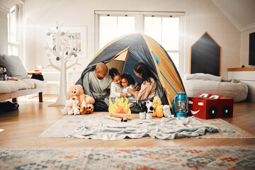 Love, home camping and happy family bonding, relax and enjoy time together having fun in living room. Happiness, tent and youth children playing with mother, father or parents in house adventure - obrazy, fototapety, plakaty