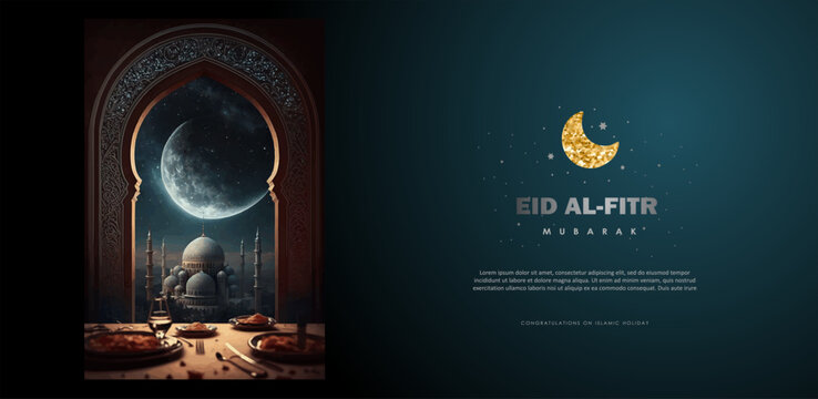 Eid Mubarak, Eid al-Fitr and Ramadan.
Vector illustrations of a holiday, an evening mosque with a crescent moon,  for a greeting card, banner and background