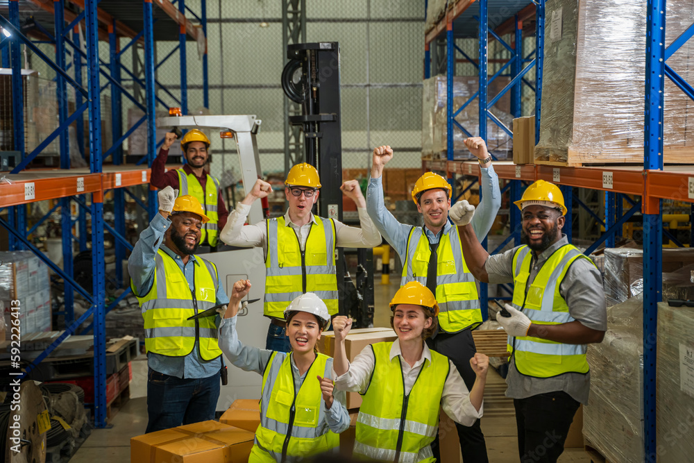 Poster warehouse workers are meeting together,group of multicultural logistics employees working as a team 