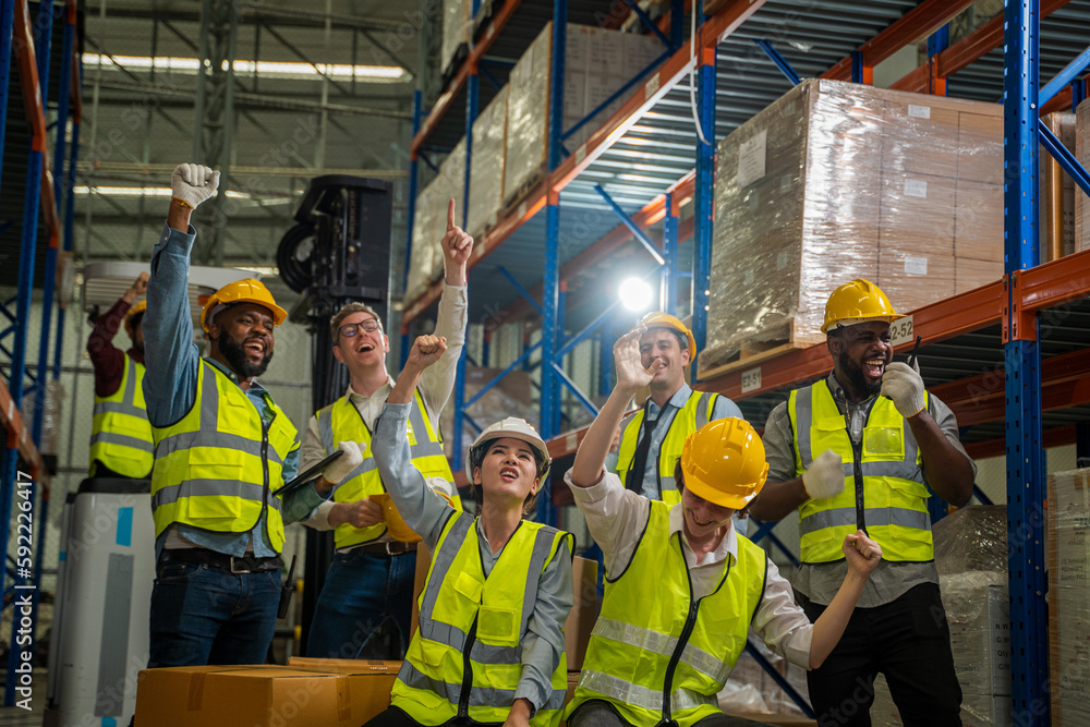 Poster warehouse workers are meeting together,group of multicultural logistics employees working as a team 