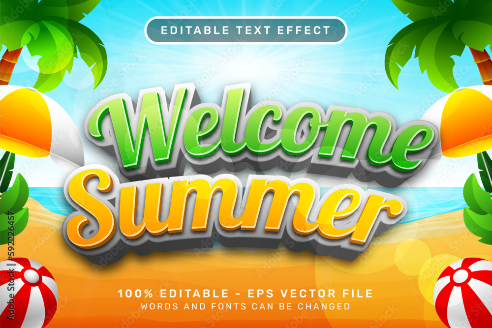 Poster welcome summer 3d text effect and editable text effect with a beach background