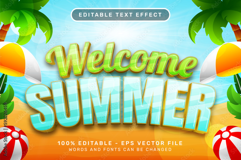 Poster welcome summer 3d text effect and editable text effect with a beach background