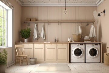laundry room in rustic design, modern contemporary wooden furniture, Generative Ai