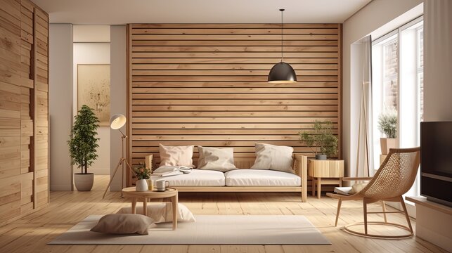 living room in rustic design with sofa, modern contemporary wooden furniture, Generative Ai