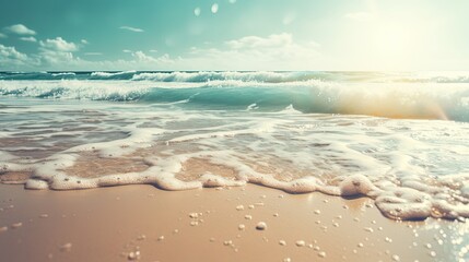 Fototapeta na wymiar close up vintage tone color picture, of white foam waves crashing on fine sand beach, tropical island atmosphere, Generative Ai